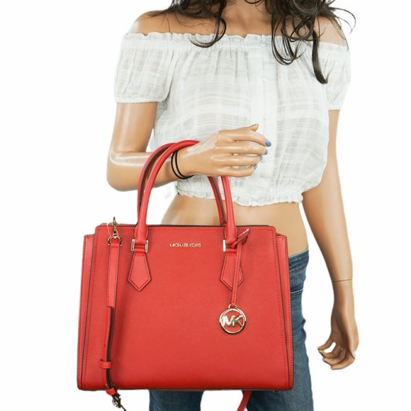 Michael Kors Hope Large Satchel Shoulder Crossbody Bag Red Flame